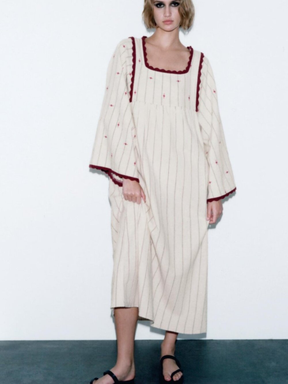 ZARA Embroidered Striped Midi Maxi Dress NWT Size S Boho Cottagecore Prairie